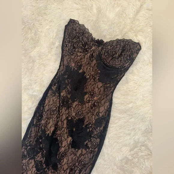 NEW House Of Cb Lucienne Strapless Stretch Lace Black Gown Sz XS
